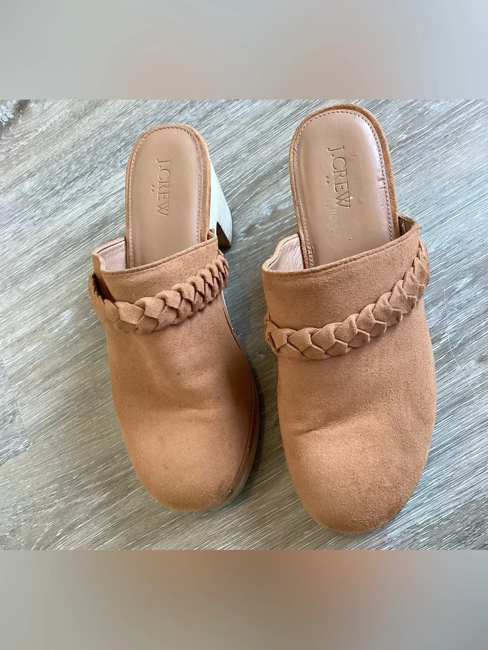 J.Crew Suede Platform Clogs size 8 Tan Boho 70s Western Braided Mules